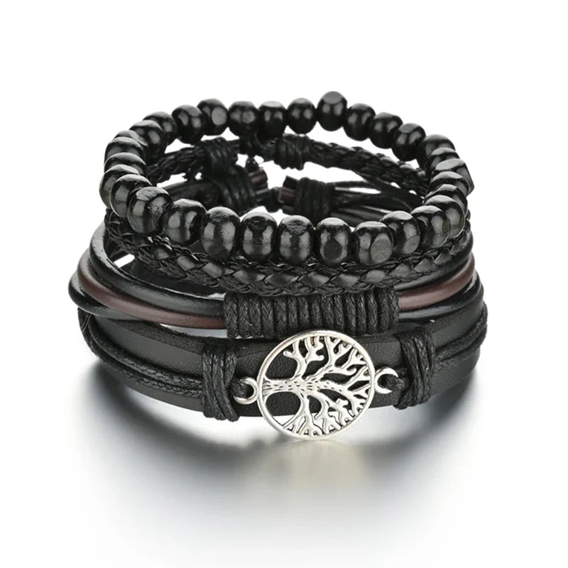 New Trendy Retro 4pcs/Set Bracelets & Bangles Men's Multilayer Black Leather Jewelry Charm Pulseiras Boyfriend Wristband