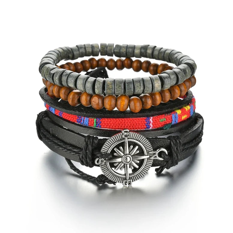 New Trendy Retro 4pcs/Set Bracelets & Bangles Men's Multilayer Black Leather Jewelry Charm Pulseiras Boyfriend Wristband