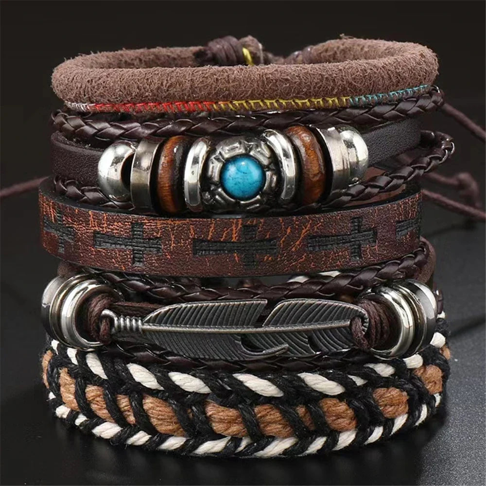 Vintage Feather Casual 6 Pc/set Tree Handmade Men Bracelets Male Women Leather Bracelets Men Bangle Wholesale Jewelry Gift