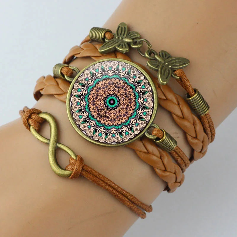 Vintage Mandala Flower Glass Dome Wrap Bracelet Brown Multilayer Woven Leather Bracelets For Women