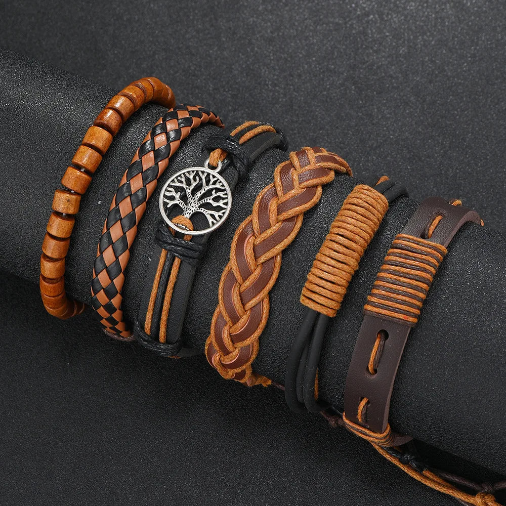 Punk Casual Bead6 Pc/set Tree Black Khaki Handmade Men Bracelets Male Women Leather Bracelets Men Bangle Wholesale Jewelry Gift