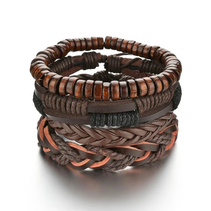 New Trendy Retro 4pcs/Set Bracelets & Bangles Men's Multilayer Black Leather Jewelry Charm Pulseiras Boyfriend Wristband
