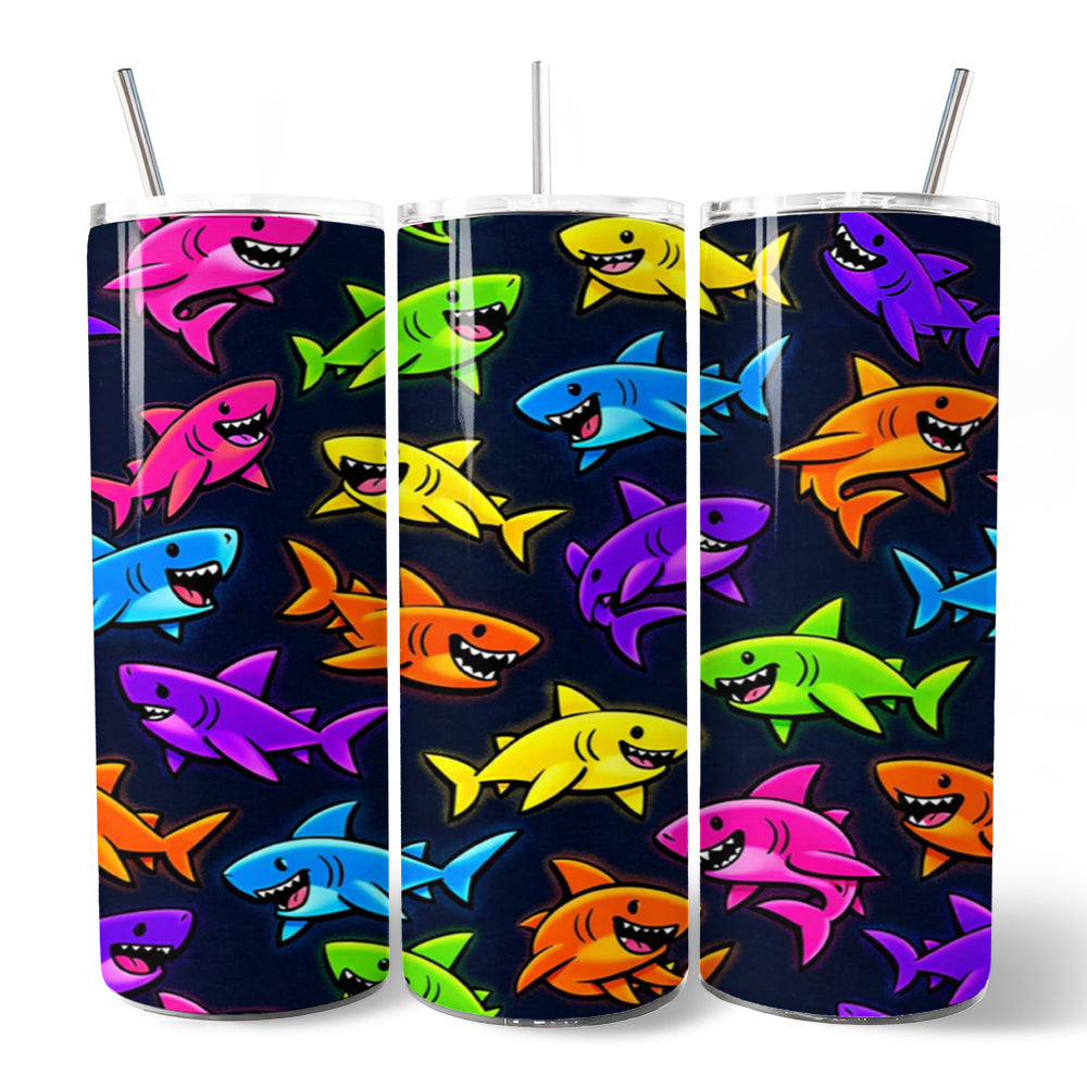 Neon Cartoon Shark Pattern 20oz Personalized Tumbler With Lid and Stainless Steel Straw, Kids Ocean Animal Gift Cup