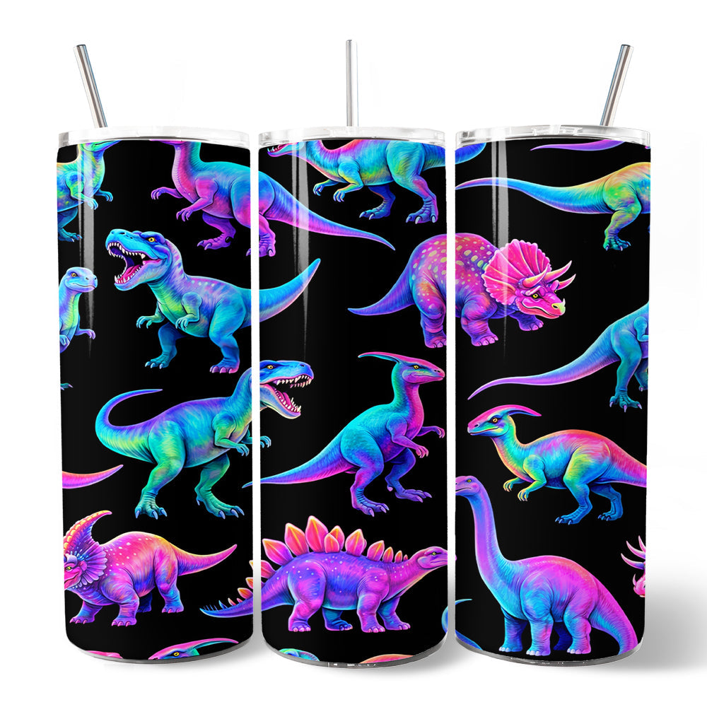 Neon Dinosaur Pattern 20oz Personalized Tumbler With Lid and Stainless Steel Straw, Colorful Prehistoric Gift Cup