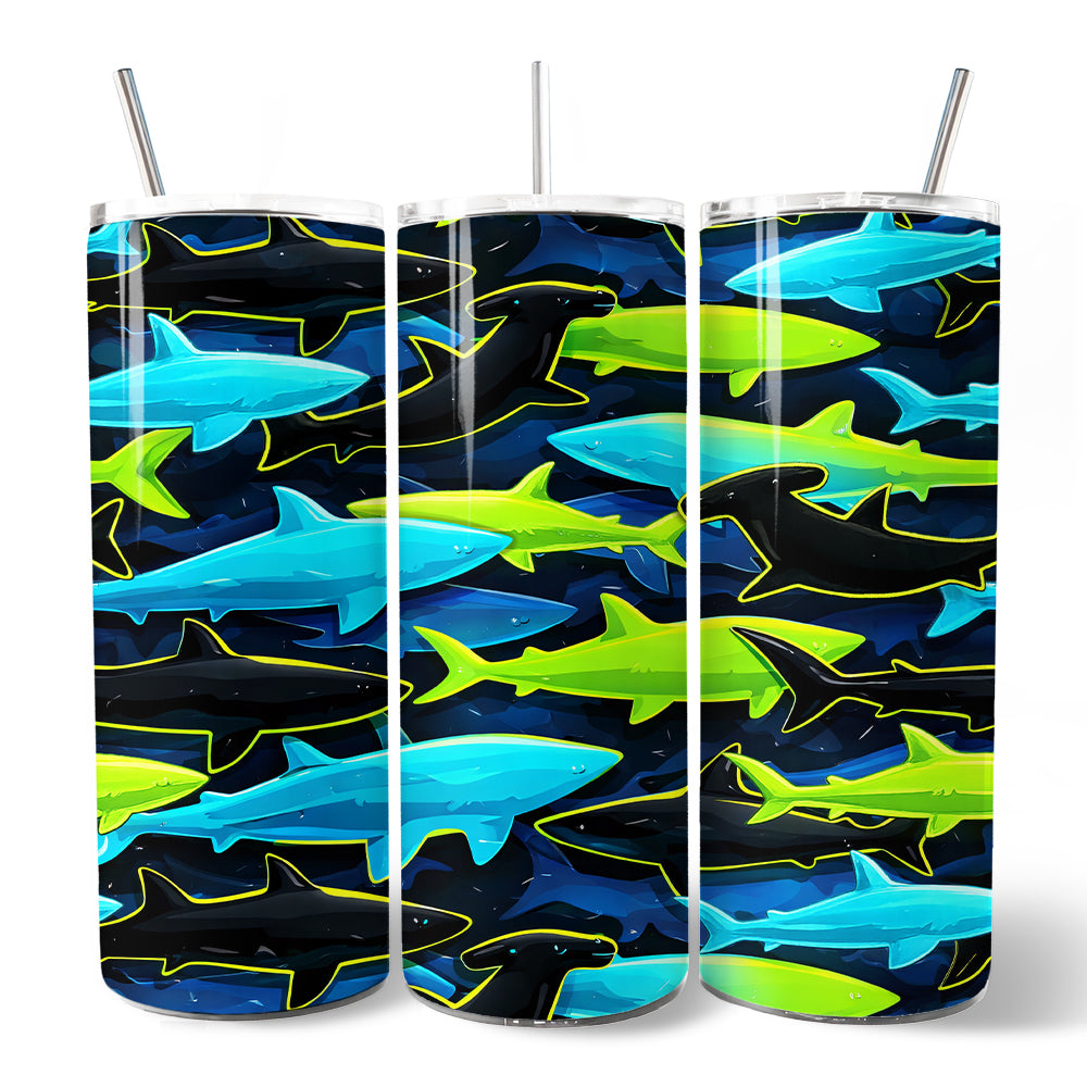 Neon Shark Camo 20oz Personalized Tumbler With Lid and Stainless Steel Straw, Marine Animal Pattern Gift Cup