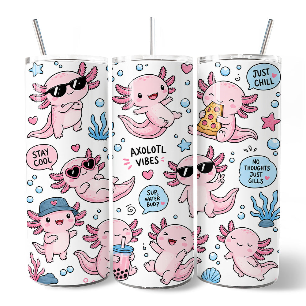 Pink Axolotl Vibe 20oz Personalized Tumbler With Lid and Stainless Steel Straw, Sea Animal Pattern Gift Cup